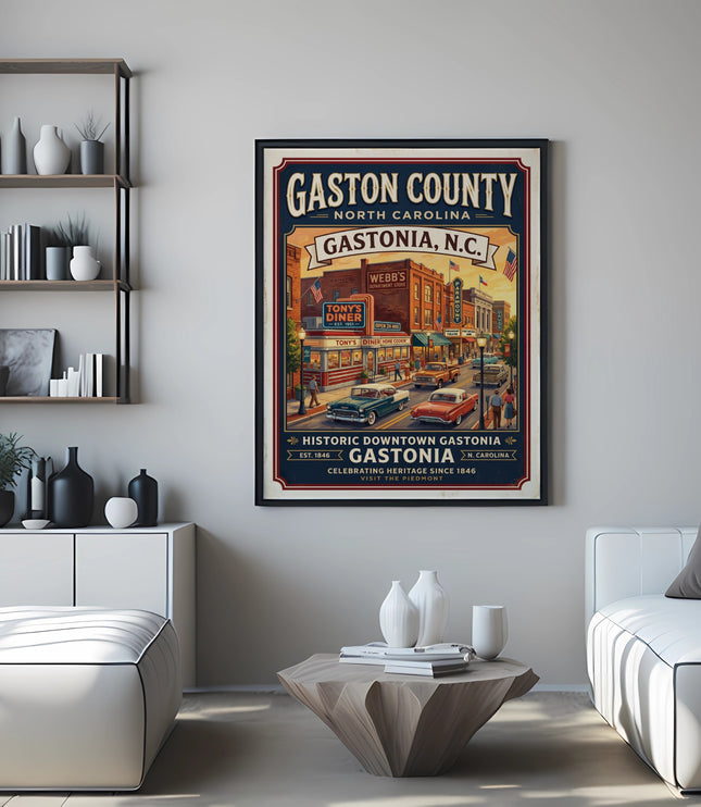 Framed vintage poster of historic downtown Gastonia, N.C. with diners and cars.
