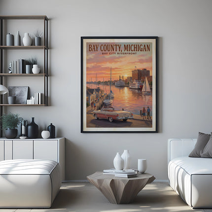 Framed poster depicting Bay City, Michigan riverfront at sunset with boats and car.