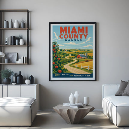 Miami County Kansas vintage travel poster with farm and orchard scene.