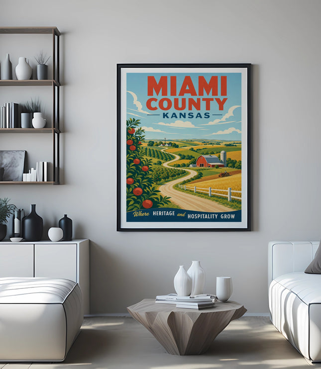 Miami County Kansas vintage travel poster with farm and orchard scene.
