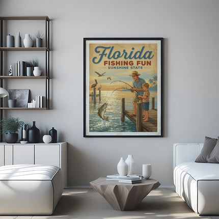 Poster of father and son fishing on a Florida pier under a sunshine fun theme.