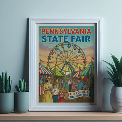 Pennsylvania State Fair poster with Ferris wheel and fairgoers, August 12-20, 1955.