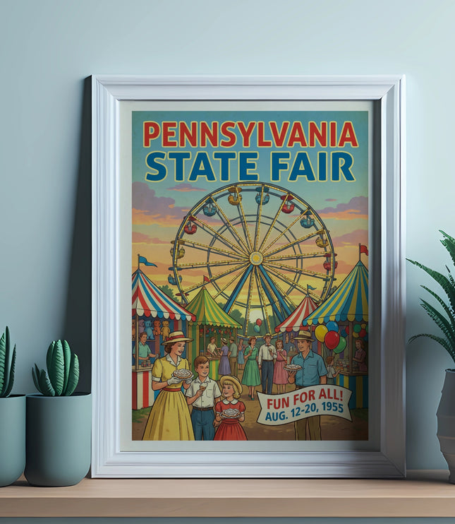 Pennsylvania State Fair poster with Ferris wheel and fairgoers, August 12-20, 1955.