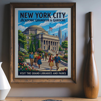 New York City poster: Academic Grandeur & Gardens, visit grand libraries and parks.