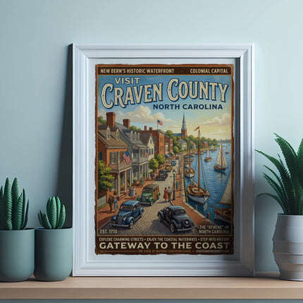 Vintage poster for Visit Craven County, North Carolina, showing a historic waterfront.