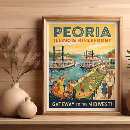 Peoria Illinois Riverfront Gateway to the Midwest vintage travel poster.