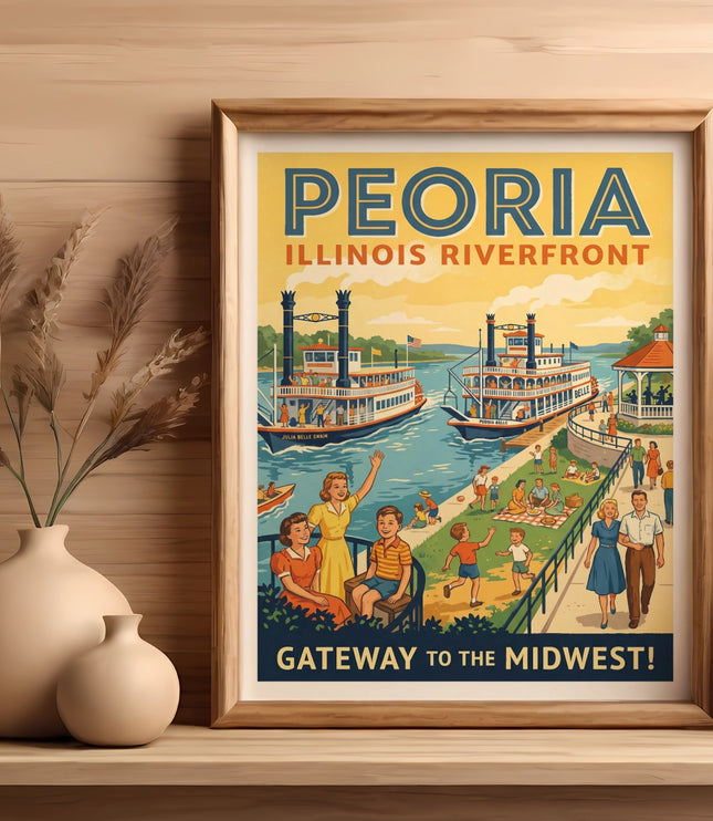 Peoria Illinois Riverfront Gateway to the Midwest vintage travel poster.