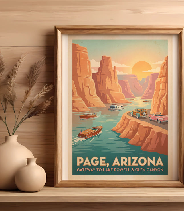 Vintage poster of Page, Arizona with boats, cars, and canyons.