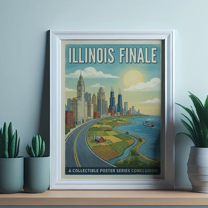 Framed poster "ILLINOIS FINALE A COLLECTIBLE POSTER SERIES CONCLUSION" of a cityscape.