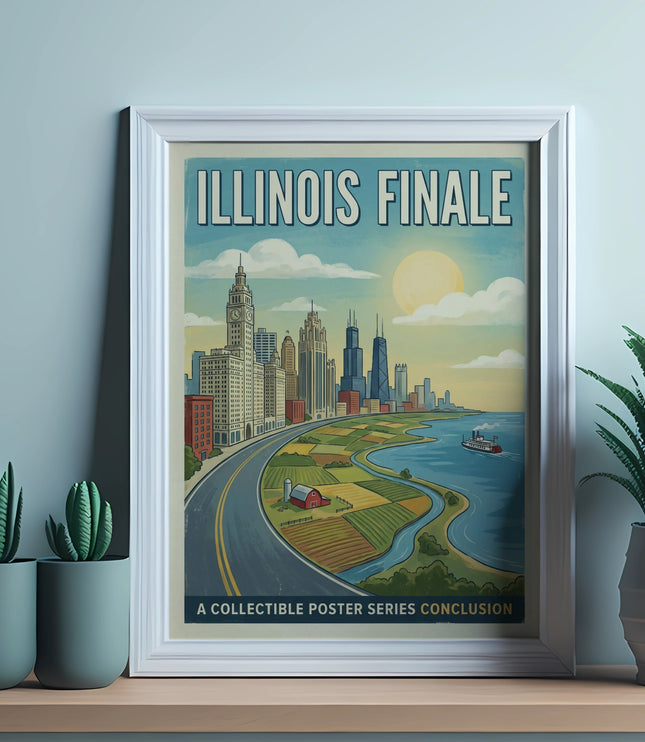 Framed poster "ILLINOIS FINALE A COLLECTIBLE POSTER SERIES CONCLUSION" of a cityscape.