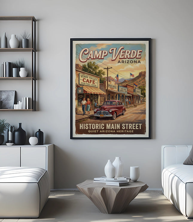 Camp Verde Arizona historic main street poster with cafe, post office, saloon.