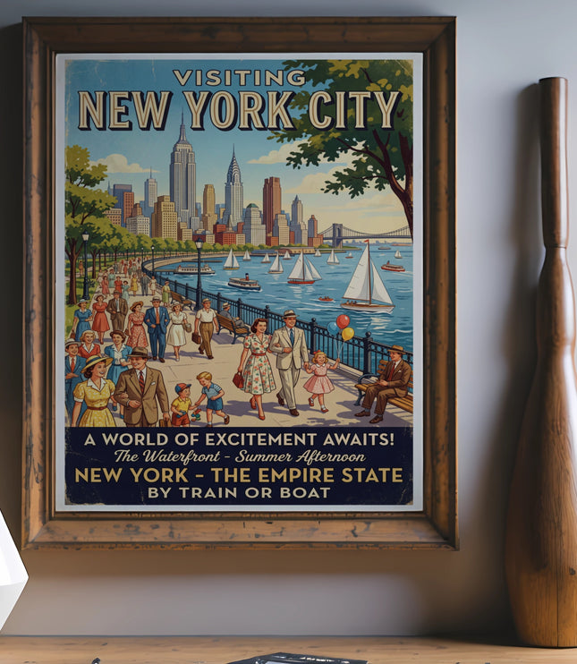 Vintage poster depicting New York City skyline, people strolling, and boats on water.