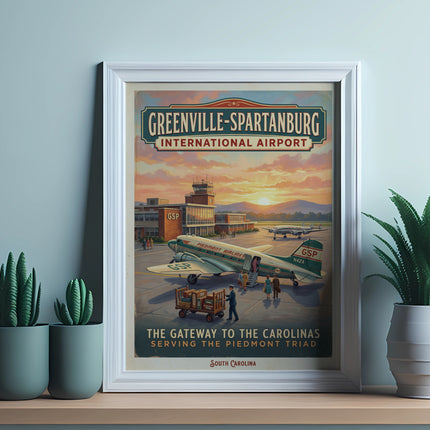 Greenville-Spartanburg International Airport poster shows vintage planes and airport.