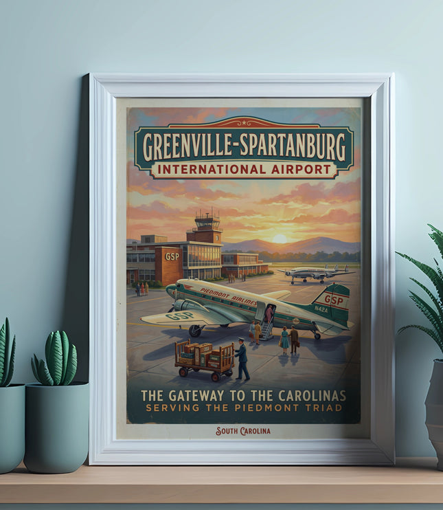 Greenville-Spartanburg International Airport poster shows vintage planes and airport.