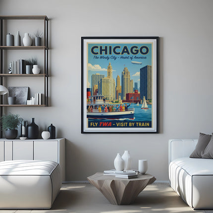 Framed Chicago travel poster with skyline, lake, and train text on a living room wall.