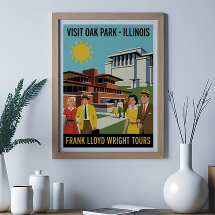 Vintage travel poster for Frank Lloyd Wright Tours in Oak Park, Illinois.
