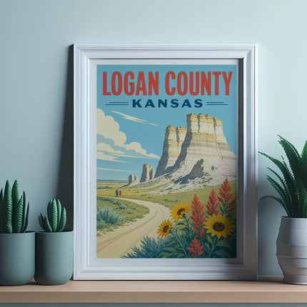 Logan County, Kansas vintage travel poster with rock formations and sunflowers.