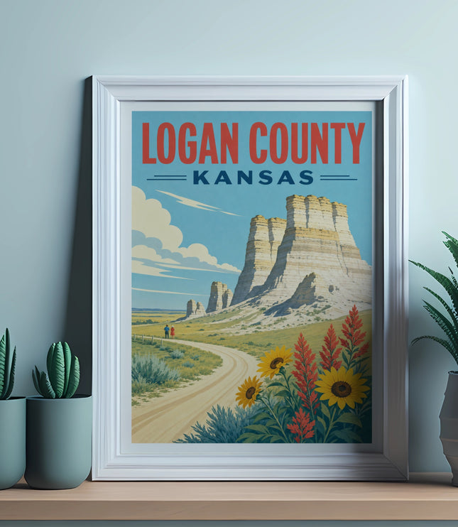 Logan County, Kansas vintage travel poster with rock formations and sunflowers.