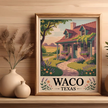 Framed art print of a house with "Waco Texas" text and floral border.