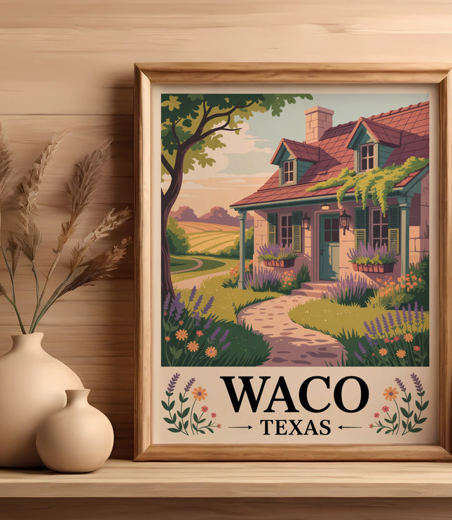 Framed art print of a house with "Waco Texas" text and floral border.