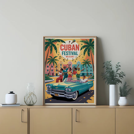Vintage teal car at Cuban Festival Miami with people dancing and palm trees.