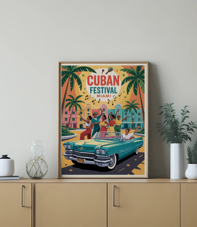 Vintage teal car at Cuban Festival Miami with people dancing and palm trees.