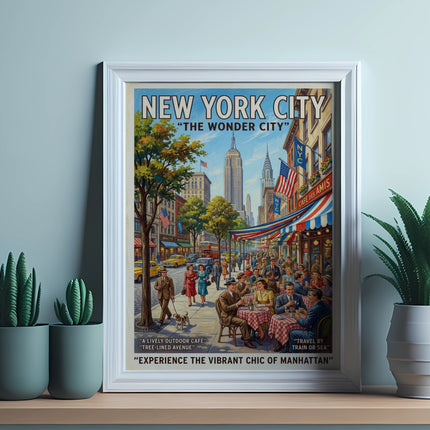 New York City vintage travel poster with people at outdoor cafes and shops.
