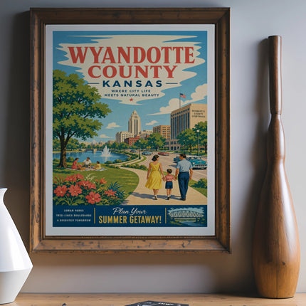 Wyandotte County Kansas poster depicting city and nature with text "Plan Your Summer Getaway!".