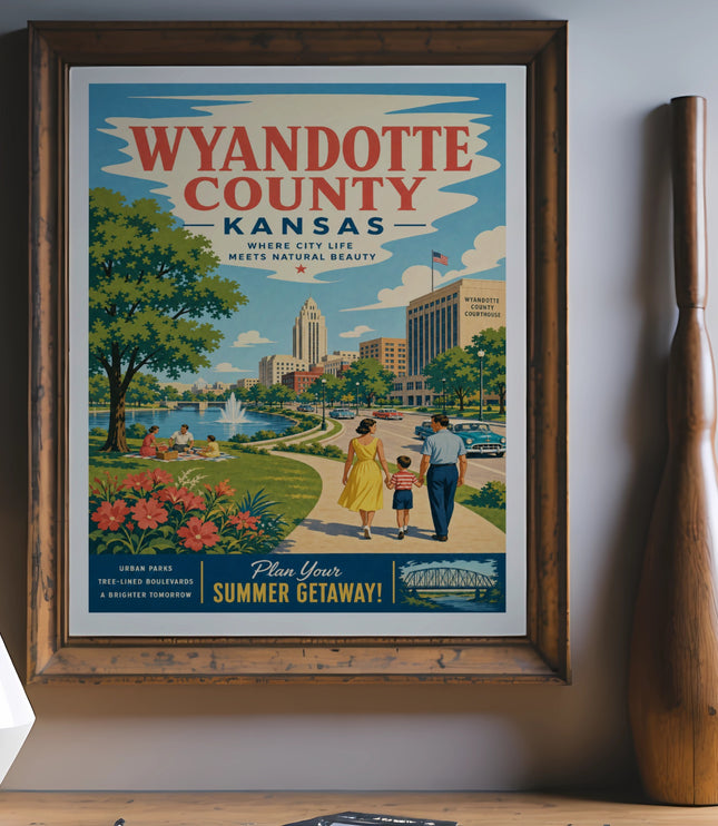 Wyandotte County Kansas poster depicting city and nature with text "Plan Your Summer Getaway!".