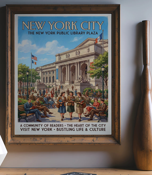 Vintage poster of New York City Public Library Plaza with people reading.