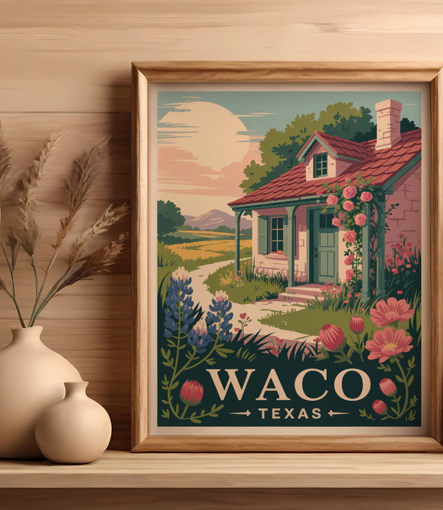 Framed print of a charming cottage and wildflowers, with "Waco Texas" text.