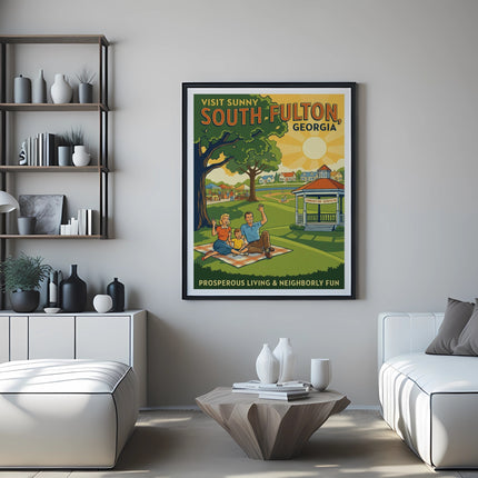 Poster for Sunny South Fulton, Georgia featuring a park scene and text.