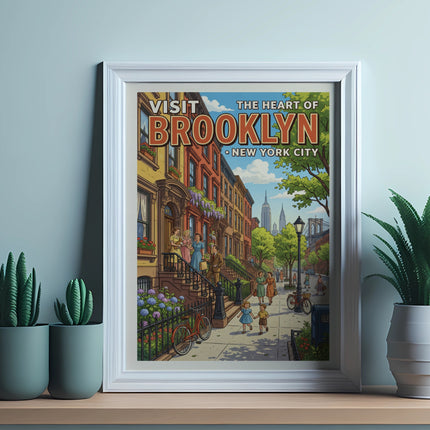 Vintage-style "Visit Brooklyn New York City" poster with people walking on a street.
