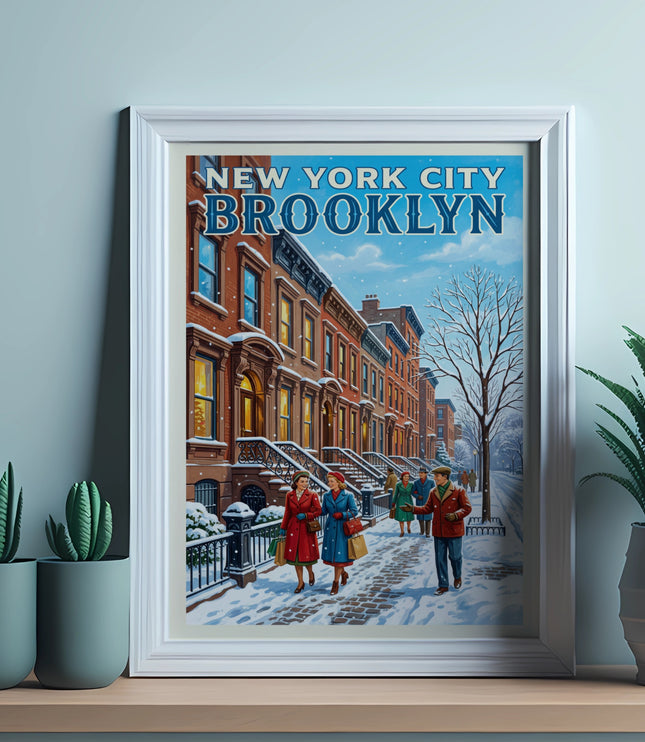 New York City Brooklyn winter scene with people walking on a snow-covered street.