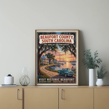 Beaufort County, South Carolina travel poster with historic waterfront homes and boats.