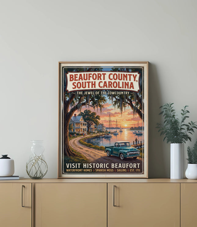 Beaufort County, South Carolina travel poster with historic waterfront homes and boats.