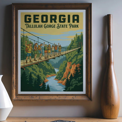 Georgia Tallulah Gorge State Park poster with hikers on a suspension bridge over a canyon.
