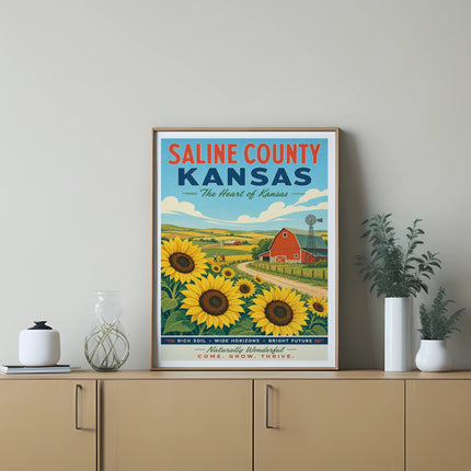 Saline County, Kansas poster with sunflowers, barn, and windmill, featuring text "The Heart of Kansas."
