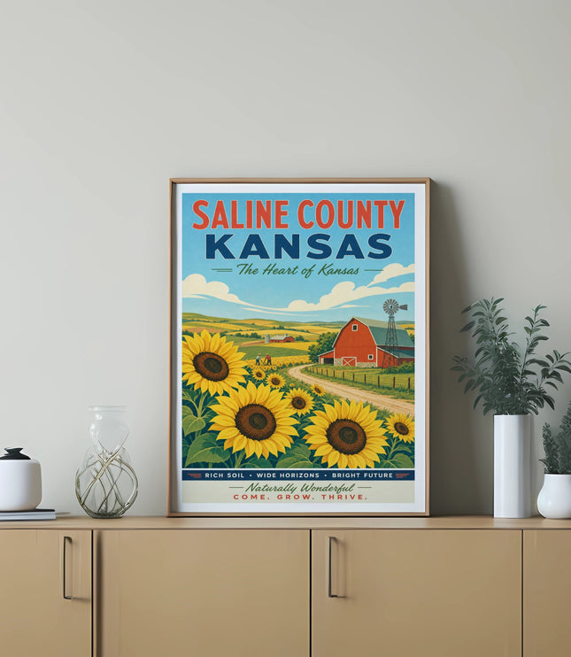 Saline County, Kansas poster with sunflowers, barn, and windmill, featuring text "The Heart of Kansas."