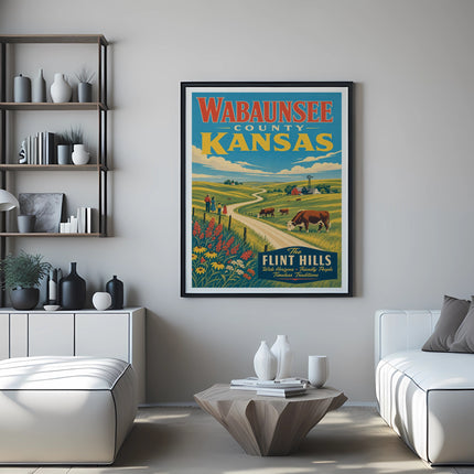 Wabunsee County Kansas vintage travel poster with cows and wildflowers.