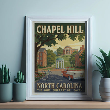 Vintage Chapel Hill North Carolina poster with a classic car and buildings.
