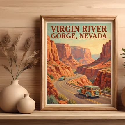 Vintage Virgin River Gorge Nevada travel poster with station wagons on a scenic highway.