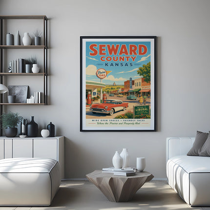 Poster for Seward County, Kansas, featuring a retro gas station and town scene.