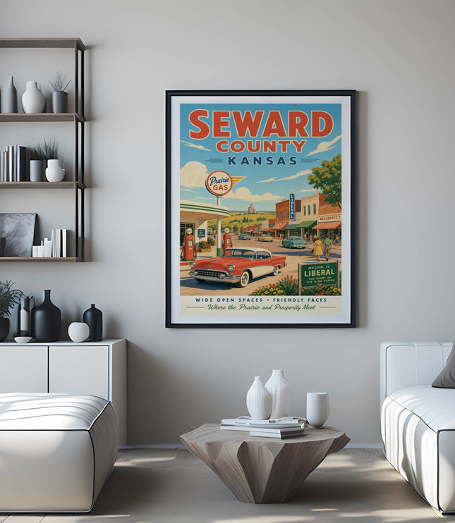 Poster for Seward County, Kansas, featuring a retro gas station and town scene.