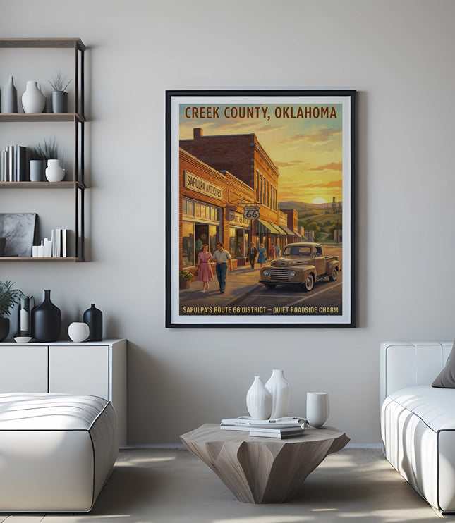 Vintage poster of Sapulpa, Oklahoma, featuring Route 66 district and classic car.