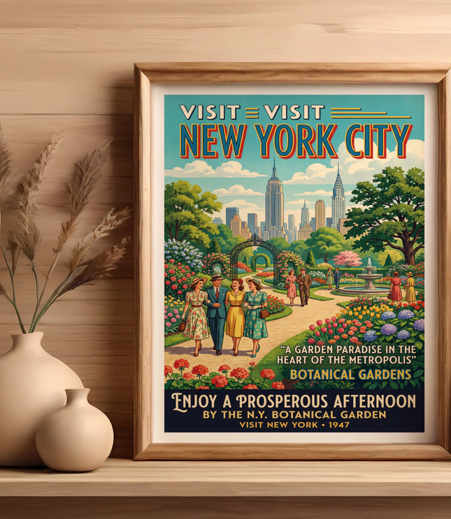 Vintage Visit New York City Botanical Gardens poster from 1947.