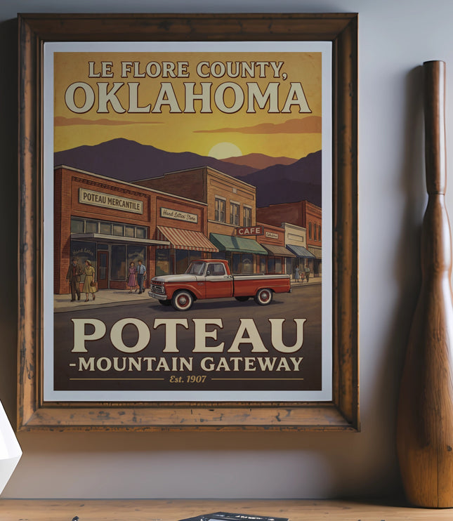 Vintage travel poster for Poteau, Le Flore County, Oklahoma with a red truck.