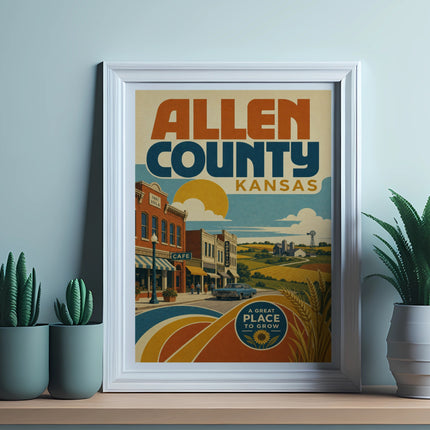 Vintage poster for Allen County, Kansas, featuring a stylized town scene.