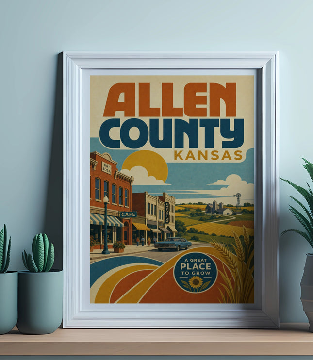 Vintage poster for Allen County, Kansas, featuring a stylized town scene.