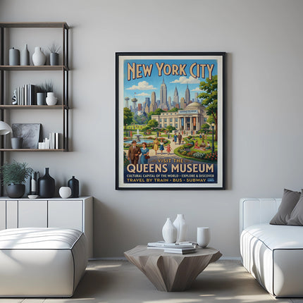 New York City poster for the Queens Museum, featuring skyline and museum grounds.
